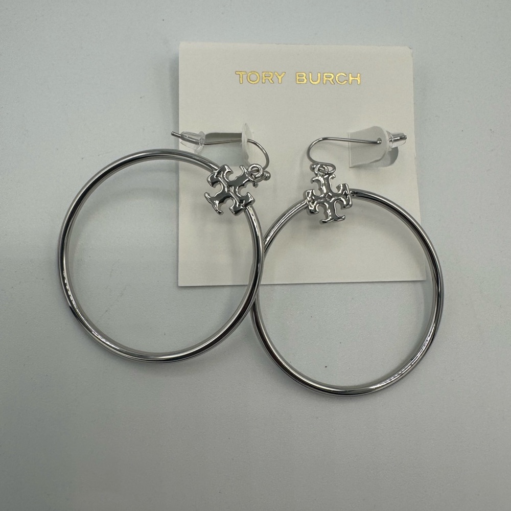 Tory Burch Shiny Silver Logo Hoop Earrings